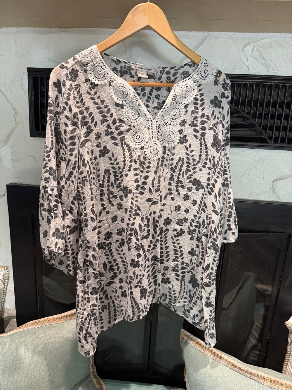 Light Cream Crochet-V Neck Tunic with Black Botanical Print